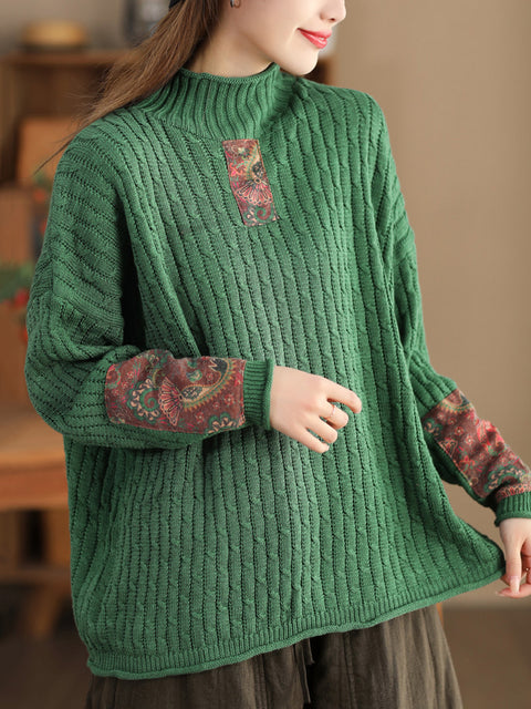 Gestrickter Rollkragenpullover mit Retro-Patch für Damen