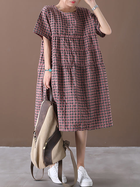 Plus Size Summer Plaid Round Neck Cotton Linen Midi Dress