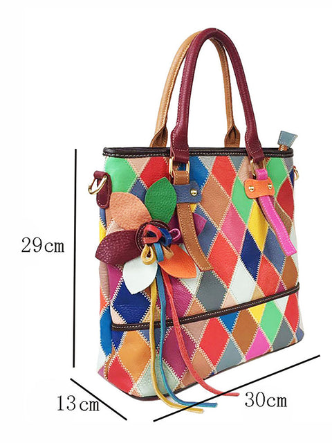 Damen-Handtasche aus Leder mit Farbkontrast und Blumenmuster