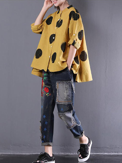 Plus Size Loose Dots Long Sleeve Cotton Linen Shirt