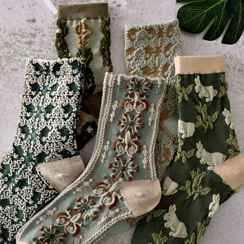 5 Paar Damen Frühlings-Vintage-Pflanzen-Jacquard-Socken