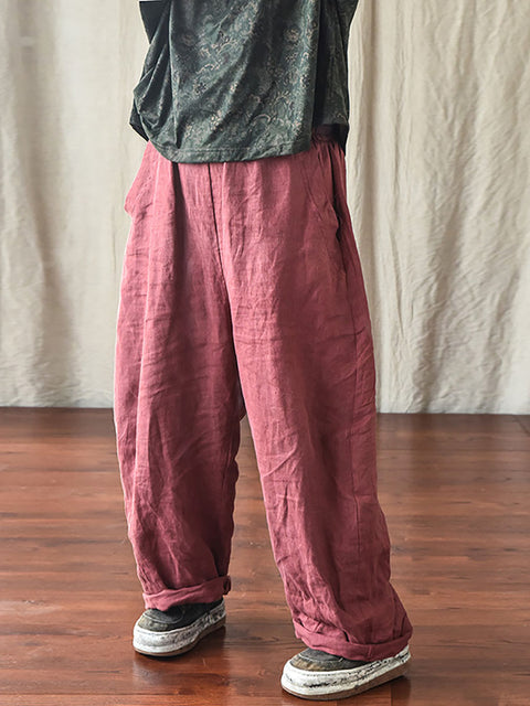 Plus Size Women Casual Solid Loose Elastic Waist Linen Pants