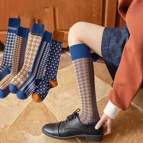 5 Paar warme lange Damen-Socken mit Vintage-Karomuster