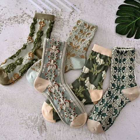 5 Paar Damen Frühlings-Vintage-Pflanzen-Jacquard-Socken