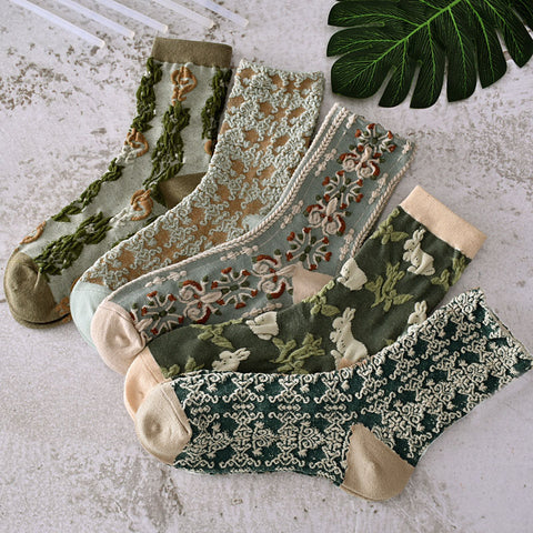 5 Paar Damen Frühlings-Vintage-Pflanzen-Jacquard-Socken