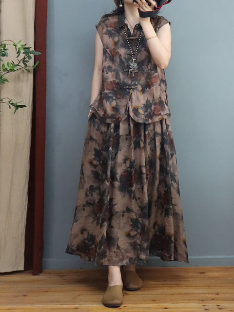 Plus Size Damen Sommer-Hemd/Rock im chinesischen Stil mit Tinte, Blumen- und Frosch-Leinen