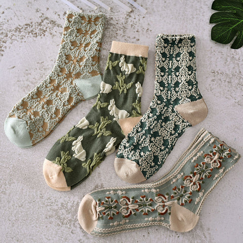 5 Paar Damen Frühlings-Vintage-Pflanzen-Jacquard-Socken