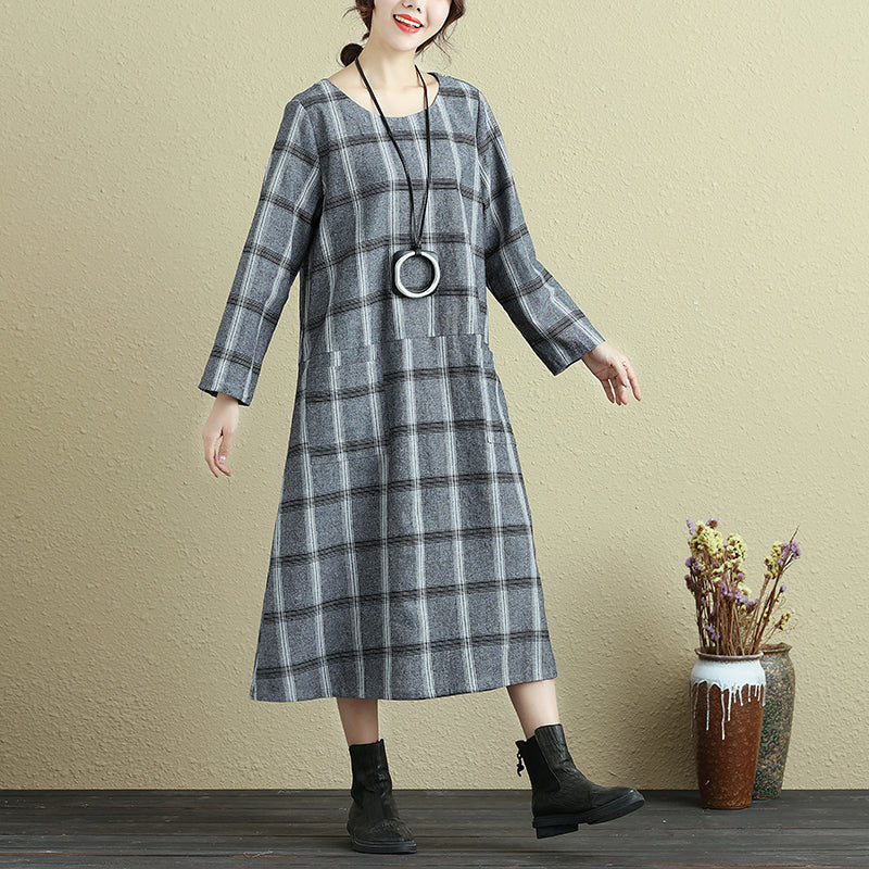 Round Neck Loose Casual Plaid Autumn Dress For Women - Buykud