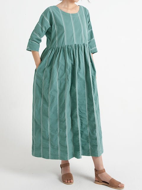 Plus Size Cotton Casual Summer Half Sleeve Loose Pleated Dress