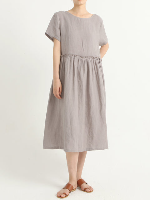 Plus Size Casual Linen Pleated Short Sleeve Summer Dress