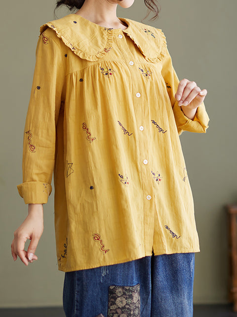 Plus Size Women Cotton Linen Long Sleeve Spring Shirt