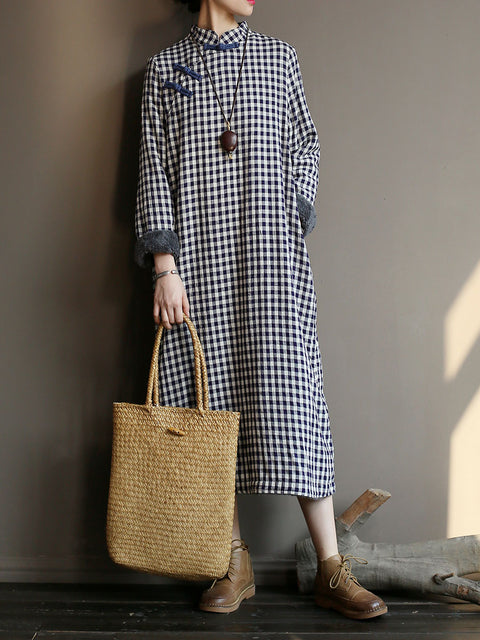 Chinesischen Stil Frauen Winter Frosch Dicke Plaid Robe Kleid