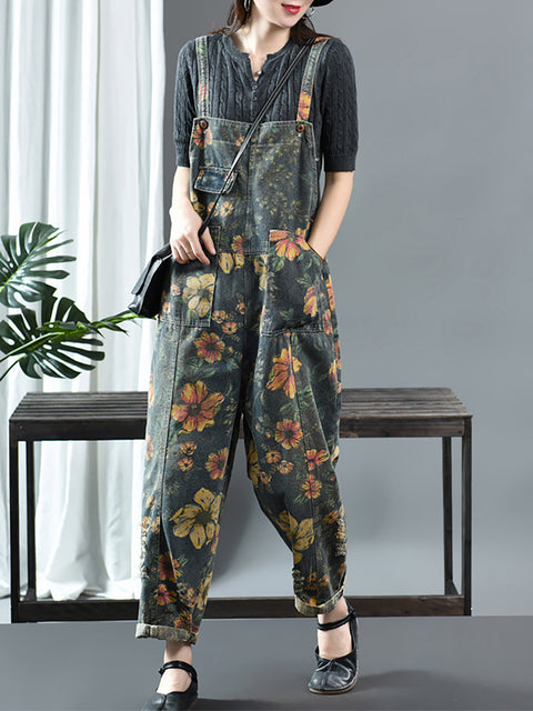 Plus Size - Flower Print Casual Denim Cotton Jumpsuit Dungarees