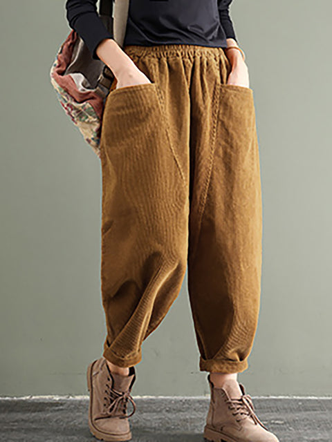 Plus Size - Elastic Waist Corduroy Cotton Handmade Pants