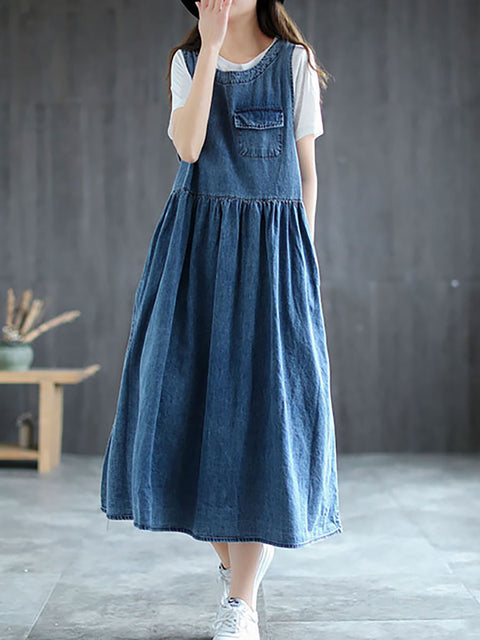 Plus Size Denim Pleated Long Sleeveless Pinafore Dress