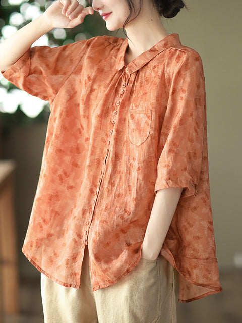 Plus Size Vintage Floral Ramie Casual Sommer Damen Shirt