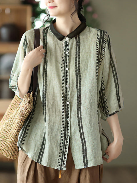 Plus Size Vintage Stripe Ramie Casual Sommer Damen Shirt