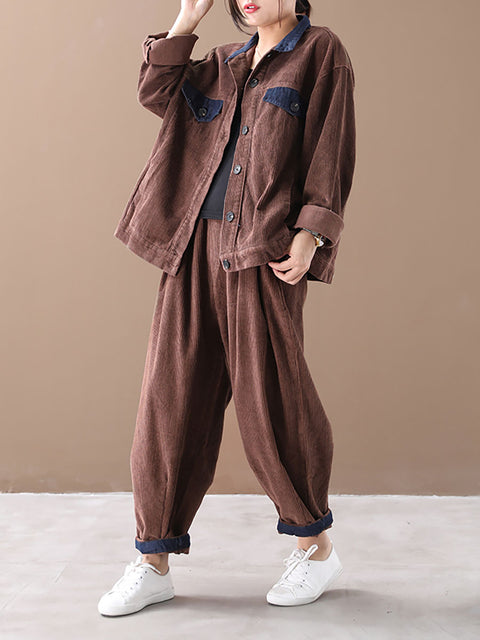 Plus-Size Women Autumn Vintage Coat + Harem Pants Sets