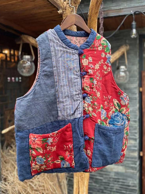 Damen Weste aus reinem Leinen, Vintage-Patchwork, locker, ärmellos