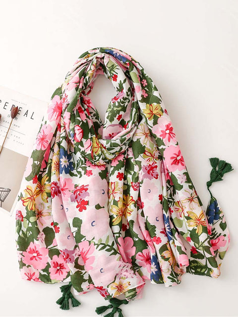 Plant Floral Print Sunscreen Tassel Shawl Scarf