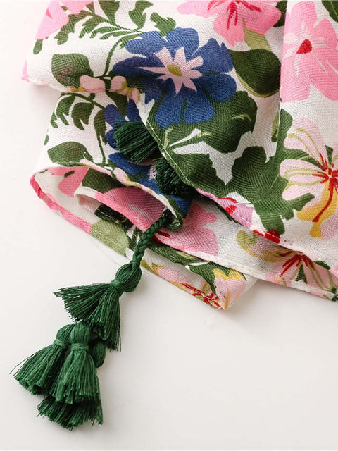 Plant Floral Print Sunscreen Tassel Shawl Scarf