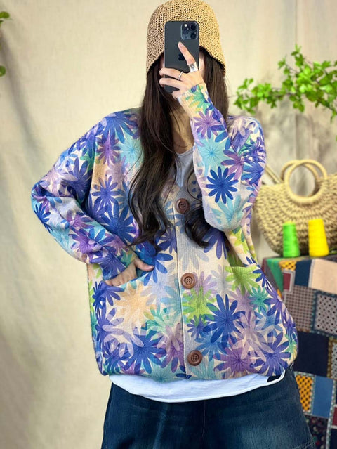 Women Floral Print Knitted Loose Sweater Coat