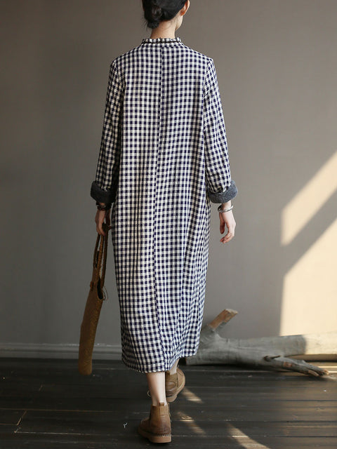 Chinesischen Stil Frauen Winter Frosch Dicke Plaid Robe Kleid