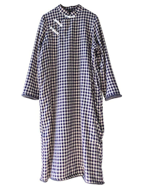 Chinesischen Stil Frauen Winter Frosch Dicke Plaid Robe Kleid