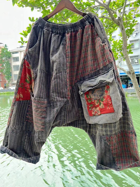 Lockere Hose im chinesischen Stil mit Patchwork-Taschen in Übergröße für Damen