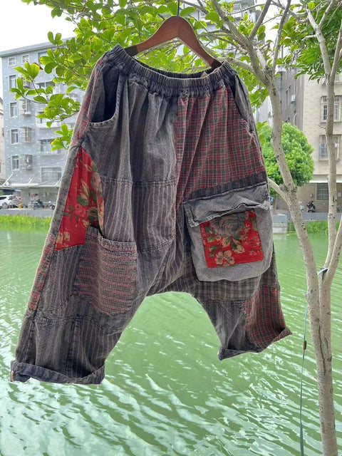 Lockere Hose im chinesischen Stil mit Patchwork-Taschen in Übergröße für Damen