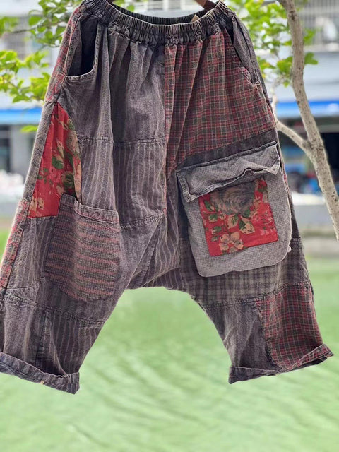 Lockere Hose im chinesischen Stil mit Patchwork-Taschen in Übergröße für Damen