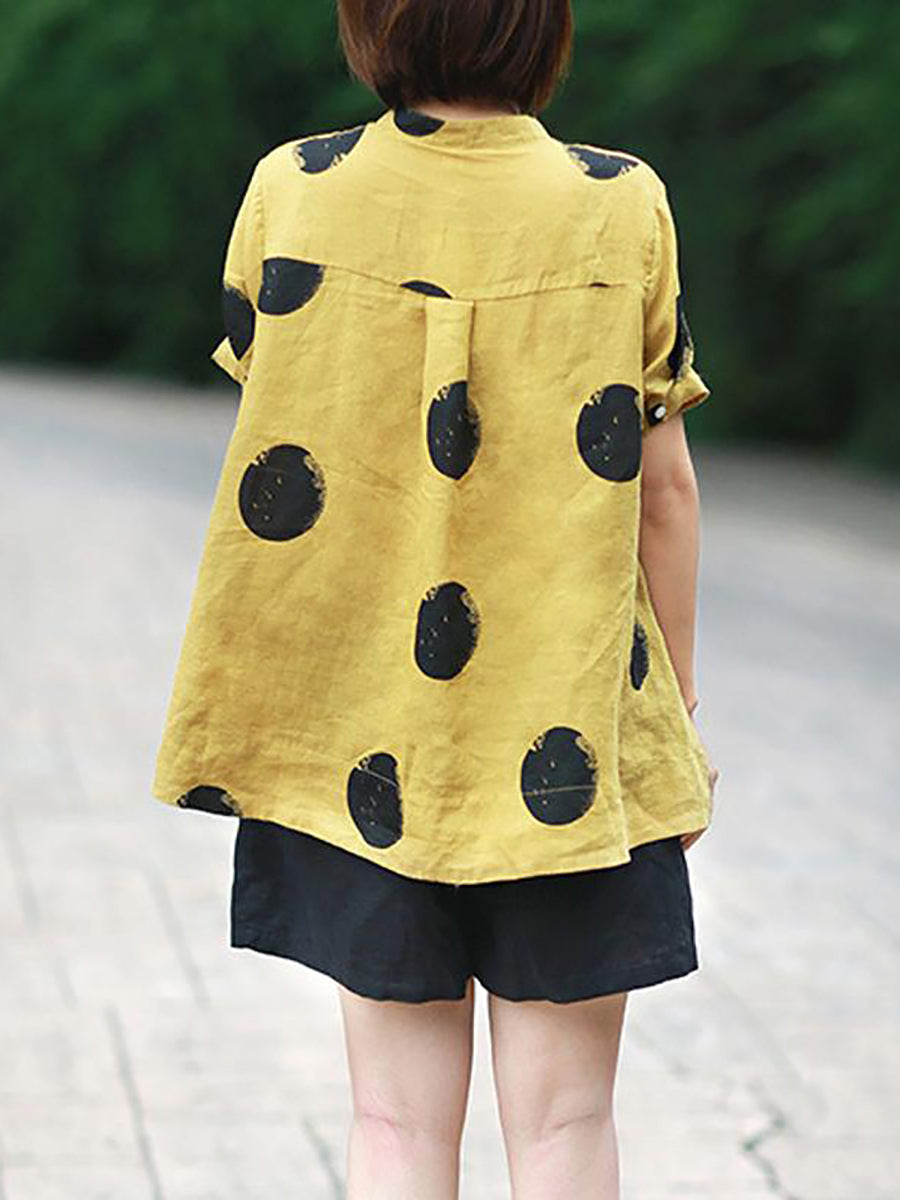 Plus Size Polka Dot Baumwoll-Leinen-Stehkragenhemd