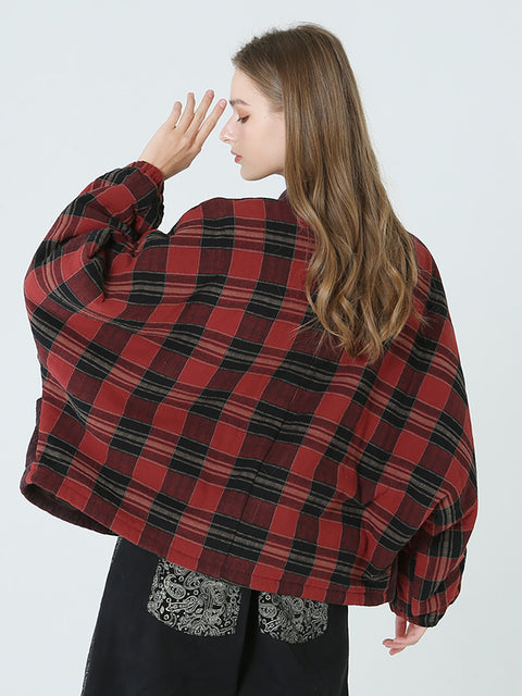 Plus Size Spring Winter Plaid Women Loose Casual Coat M-2XL