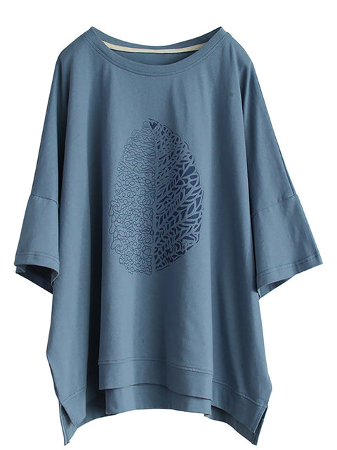 Plus Size - Leaf Printed Summer Half Sleeve Cotton T-shirt