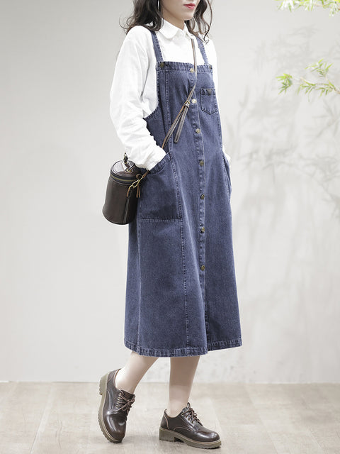 Women Casual Spliced Split Hem Pocket Overall Dress