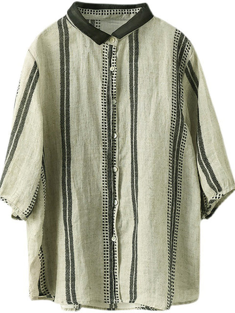 Plus Size Vintage Stripe Ramie Casual Sommer Damen Shirt