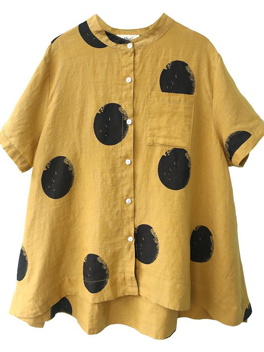 Plus Size Polka Dot Baumwoll-Leinen-Stehkragenhemd