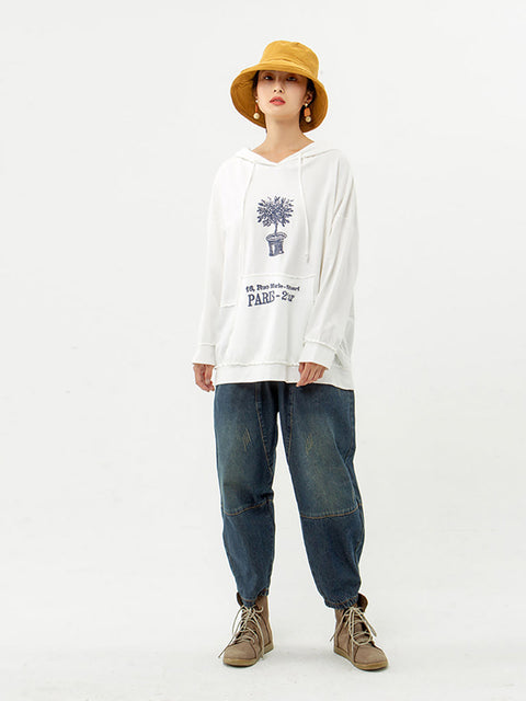 Plant Print 100% Cotton Hooded Spring Sweatshirt