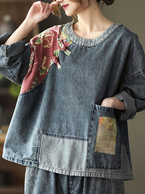 Übergröße Damen Retro Stitching Patchwork Print Floral Denim Sweatshirt