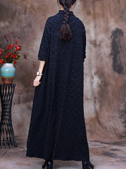 Plus Size Pocket Pleated Long Sleeve Women Maxi Dress