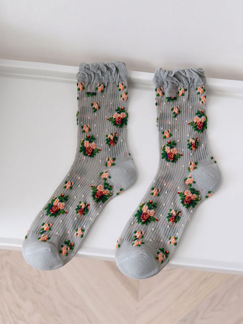 5 Pairs Women Vintage Floral Thin Socks