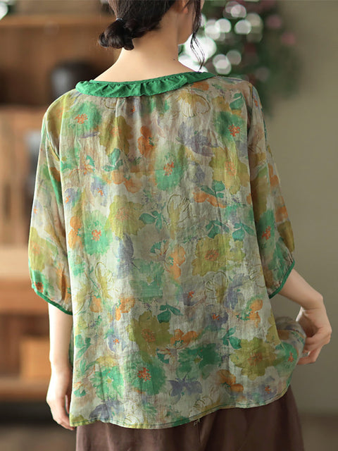 Plus Size Floral Ramie Vintage Summer Women Shirt